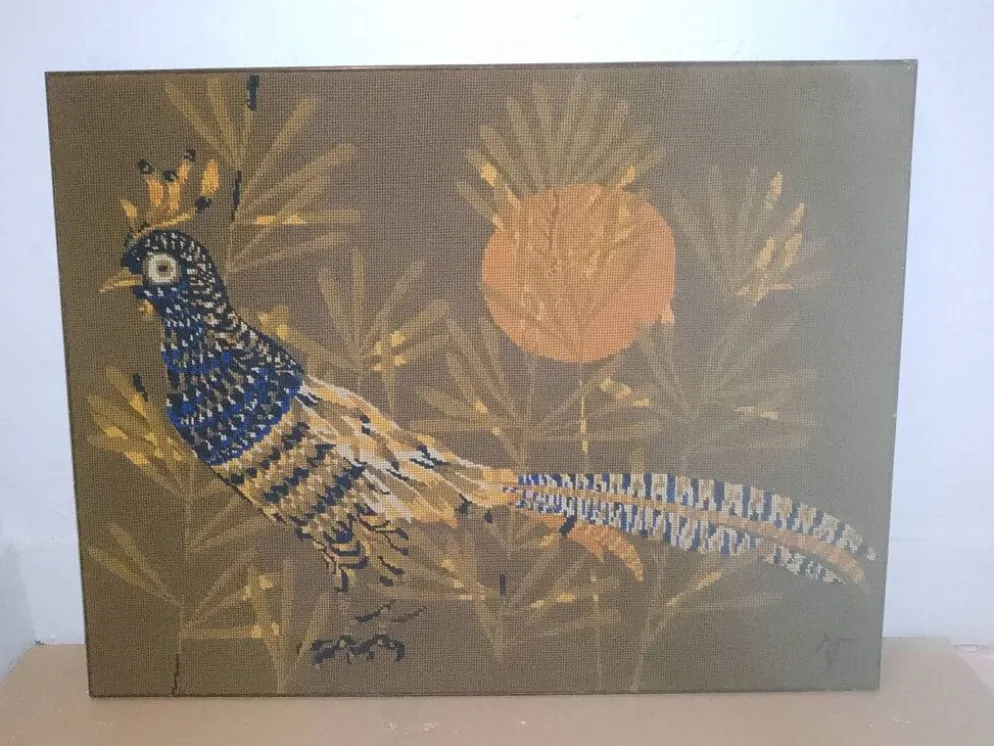 Faisan bleu Cubiste Tapisserie Laine Artiste René Fumeron Tableau France vintage 1970's