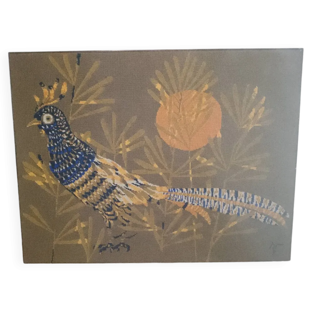 Faisan bleu Cubiste Tapisserie Laine Artiste René Fumeron Tableau France vintage 1970's