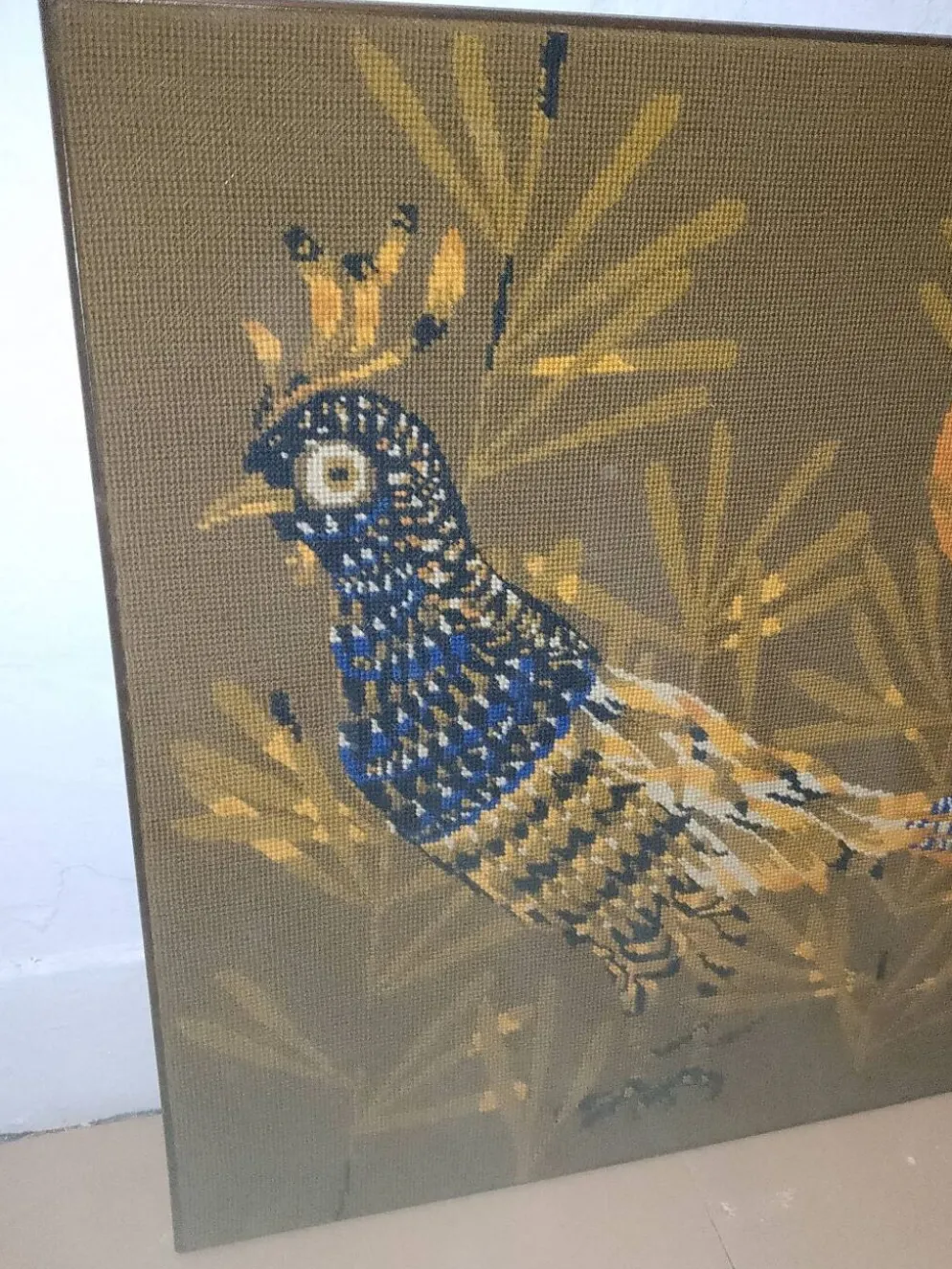 Faisan bleu Cubiste Tapisserie Laine Artiste René Fumeron Tableau France vintage 1970's
