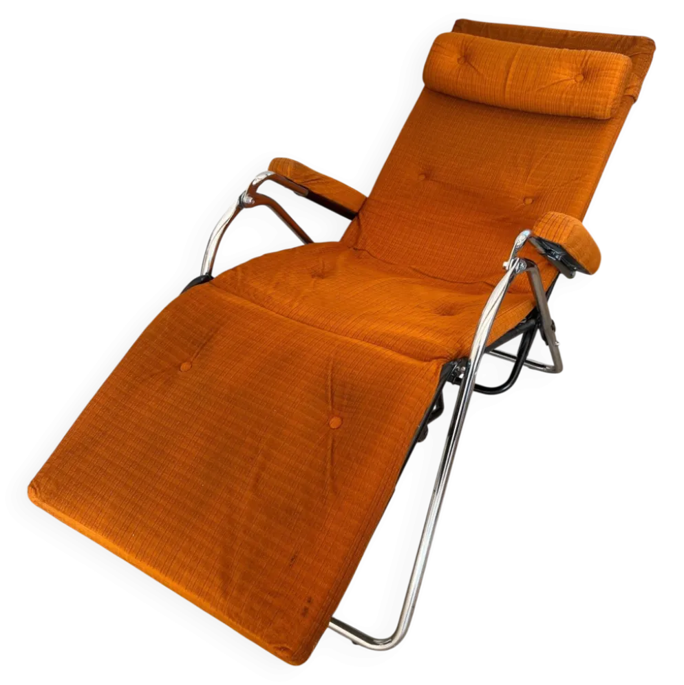 Fauteil relax Lama 1970 chaise longue velour orange