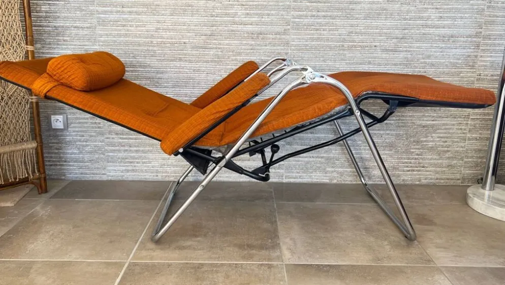 Fauteil relax Lama 1970 chaise longue velour orange
