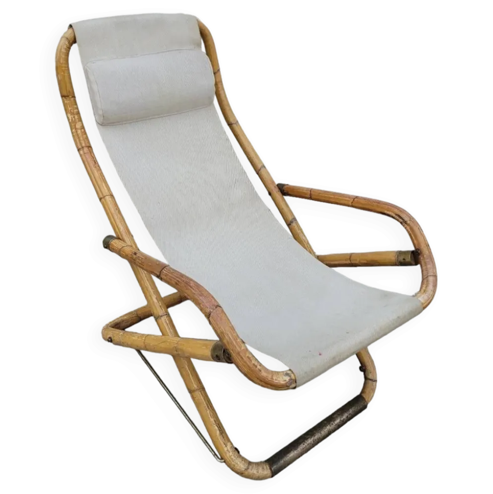 Fauteuil chaise longue transat vintage en bambou 1950s Italy