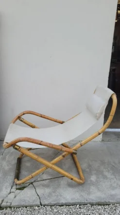 Fauteuil chaise longue transat vintage en bambou 1950s Italy