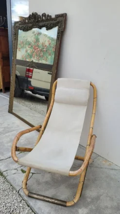 Fauteuil chaise longue transat vintage en bambou 1950s Italy