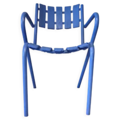 Fauteuil de jardin années 50 bois et métal bleu outremer