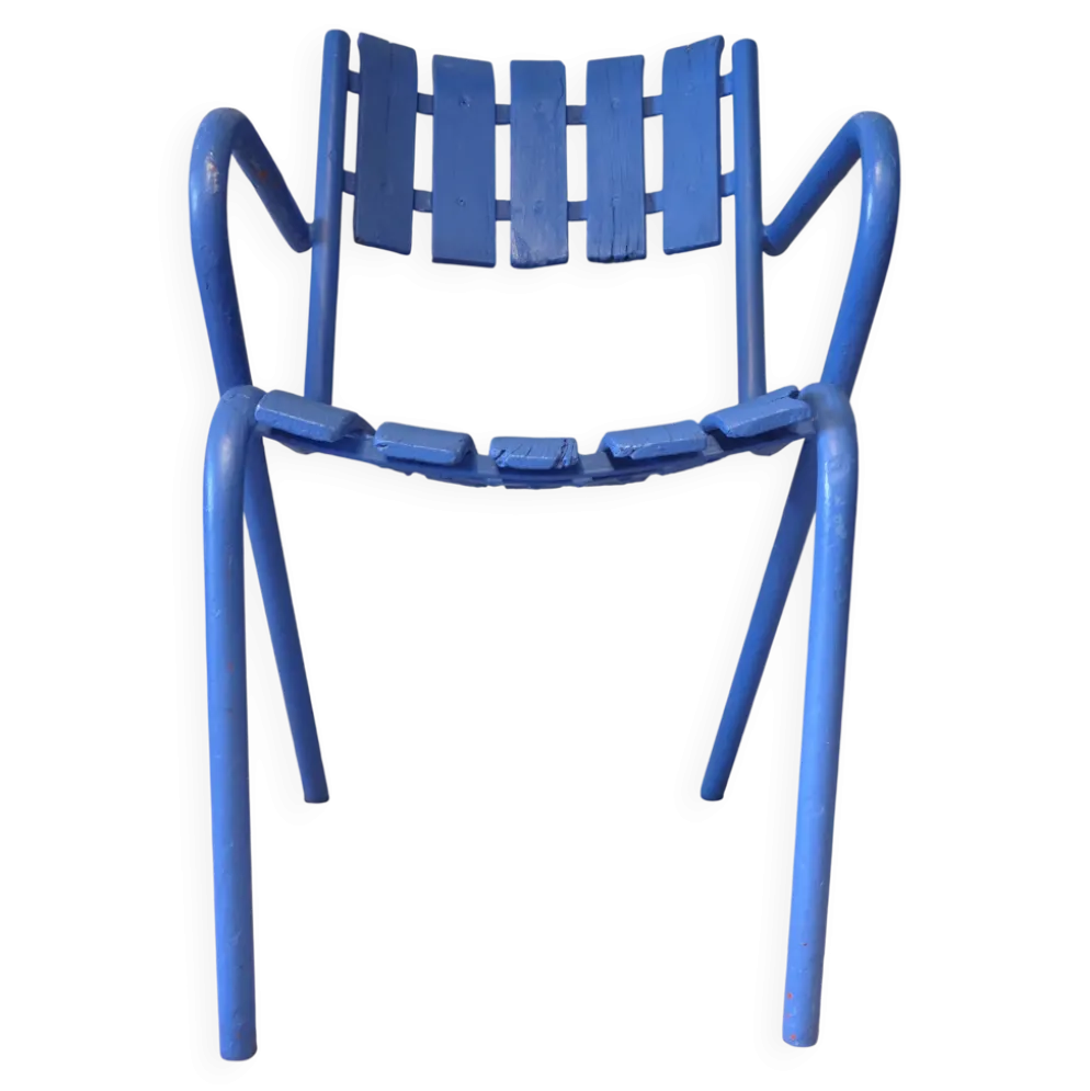 Fauteuil de jardin années 50 bois et métal bleu outremer