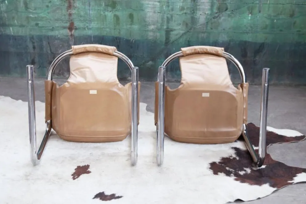 Fauteuil en chrome Vecta Zermatt en cuir beige, 1970s