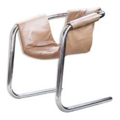 Fauteuil en chrome Vecta Zermatt en cuir beige, 1970s