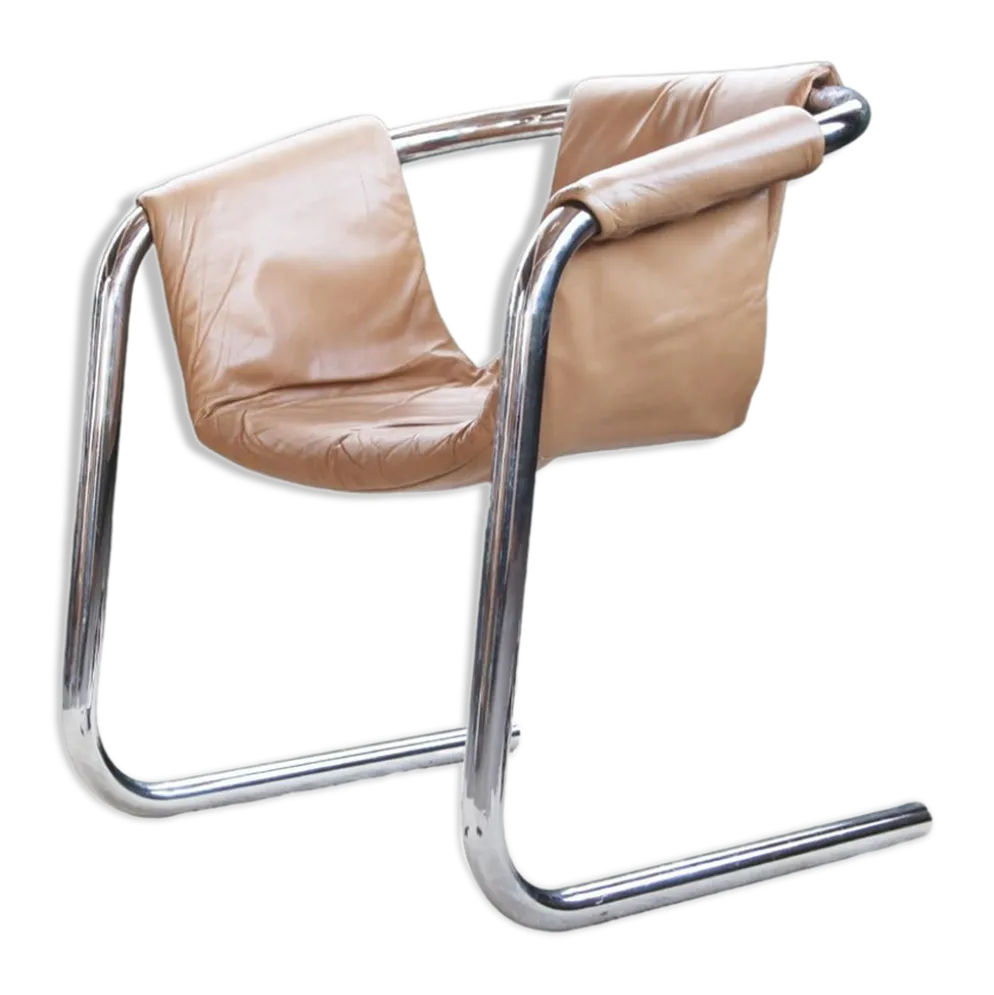 Fauteuil en chrome Vecta Zermatt en cuir beige, 1970s