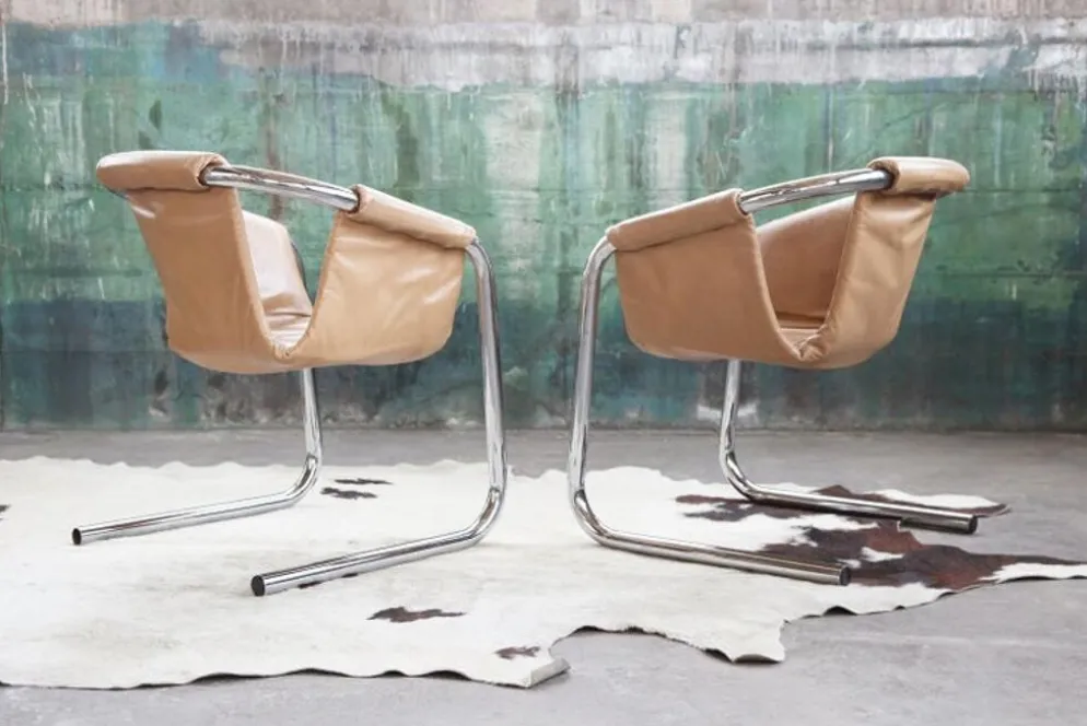 Fauteuil en chrome Vecta Zermatt en cuir beige, 1970s