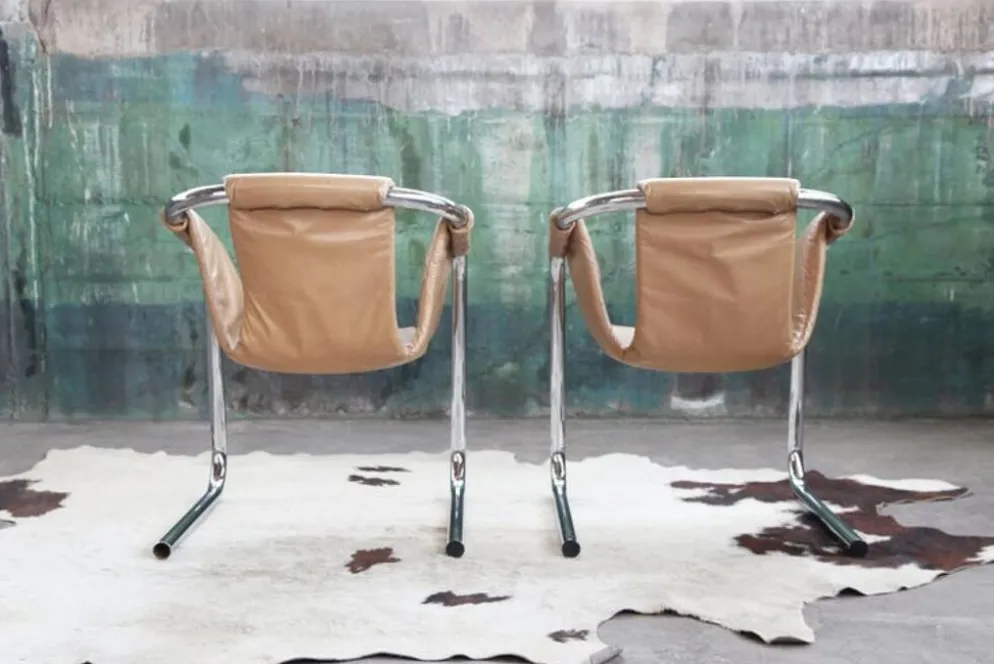 Fauteuil en chrome Vecta Zermatt en cuir beige, 1970s