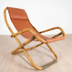 Fauteuil en cuir de salon pliant vintage structure bambou et laiton, Italie, années 1960