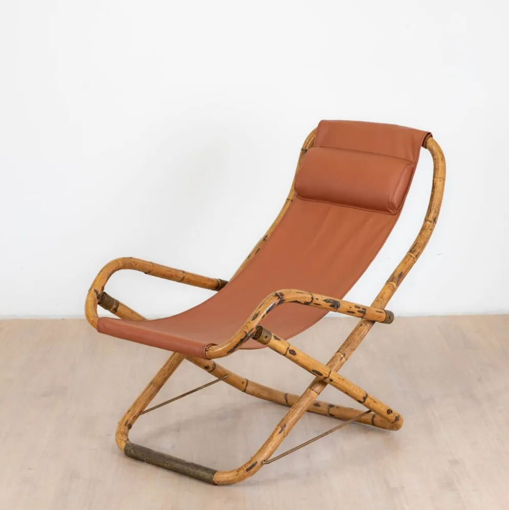 Fauteuil en cuir de salon pliant vintage structure bambou et laiton, Italie, années 1960
