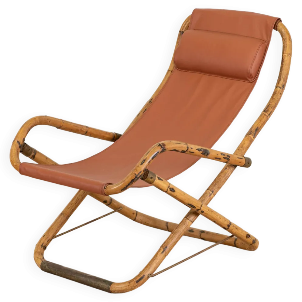 Fauteuil en cuir de salon pliant vintage structure bambou et laiton, Italie, années 1960