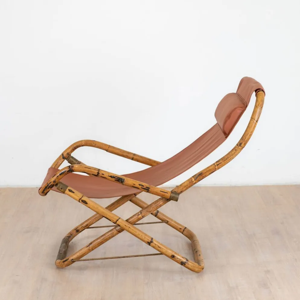 Fauteuil en cuir de salon pliant vintage structure bambou et laiton, Italie, années 1960