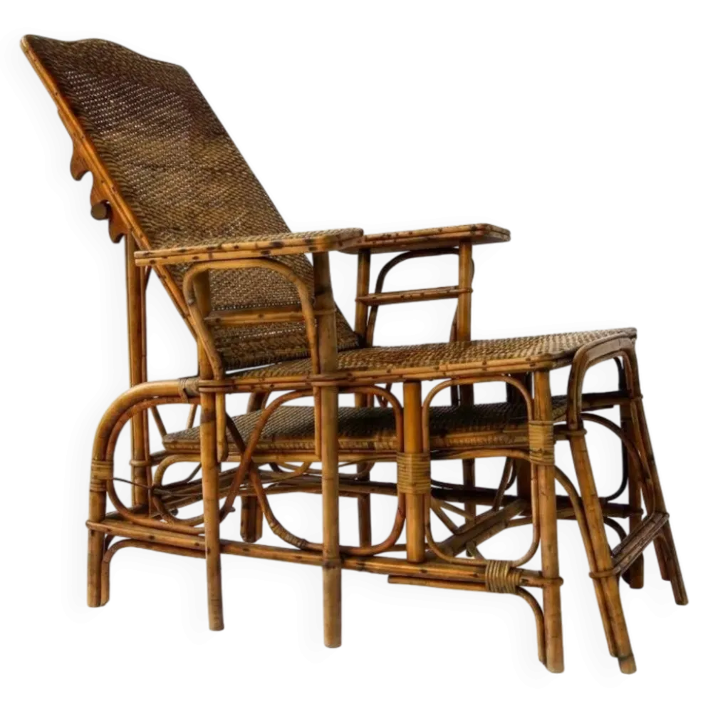Fauteuil inclinable vintage en rotin et bambou, Côte d'Azur française, anné