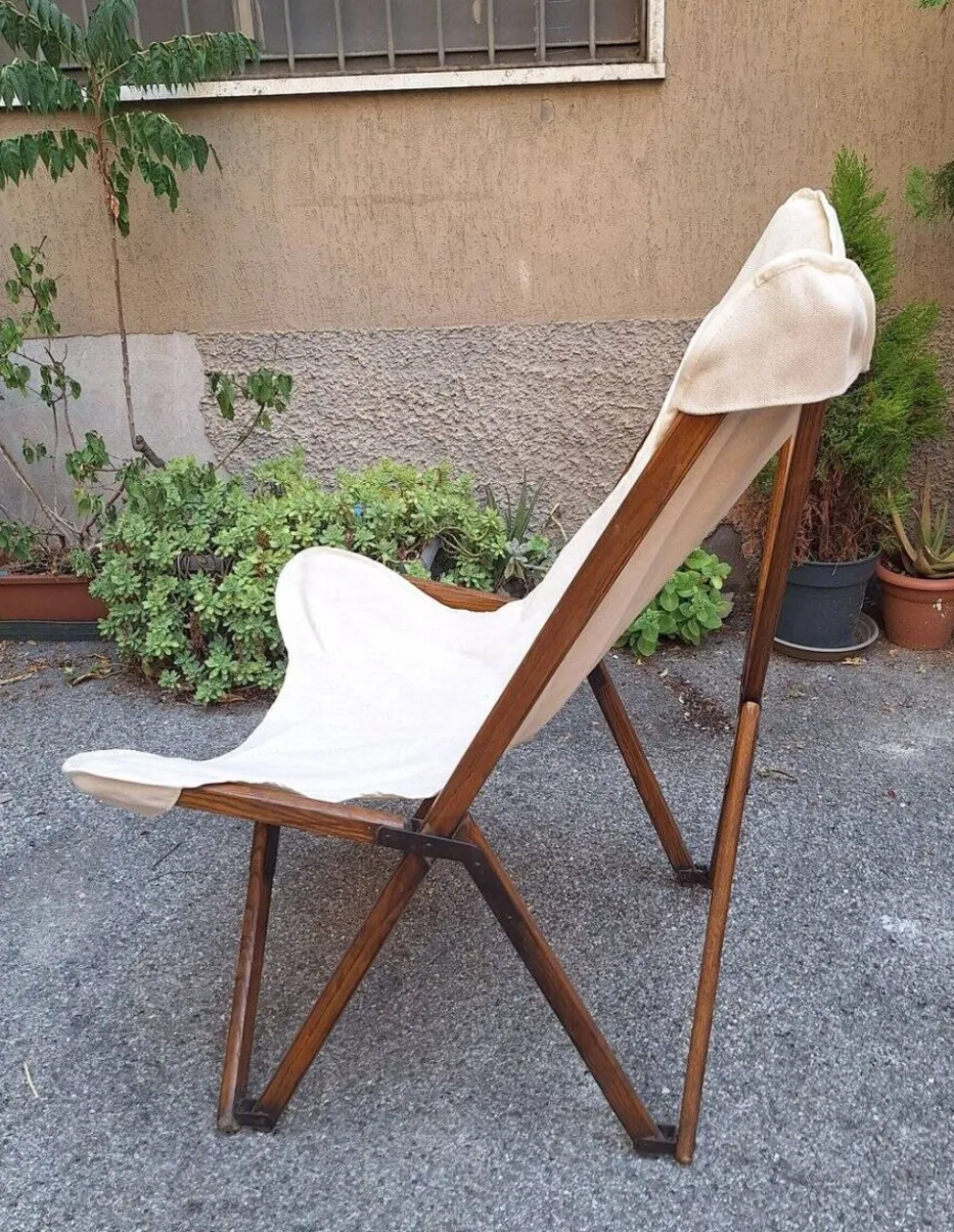 Fauteuil pliant modèle Tripolina en bois, fer et tissu pour Citterio, années 1970.