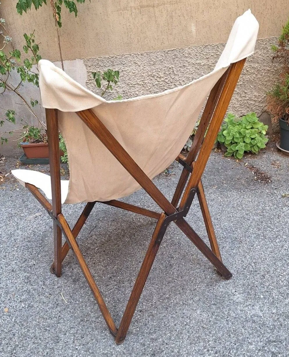 Fauteuil pliant modèle Tripolina en bois, fer et tissu pour Citterio, années 1970.
