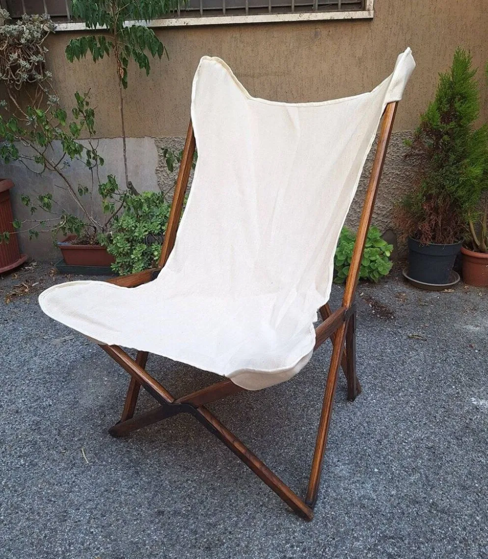 Fauteuil pliant modèle Tripolina en bois, fer et tissu pour Citterio, années 1970.