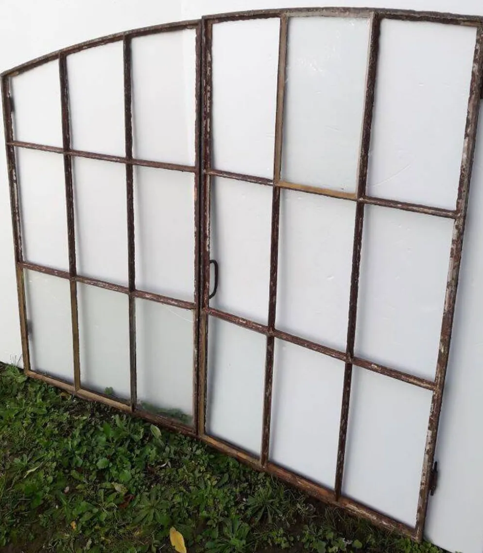 Fenêtre industrielle arquée métal L128xH114 verrière XIX° 2 vantaux