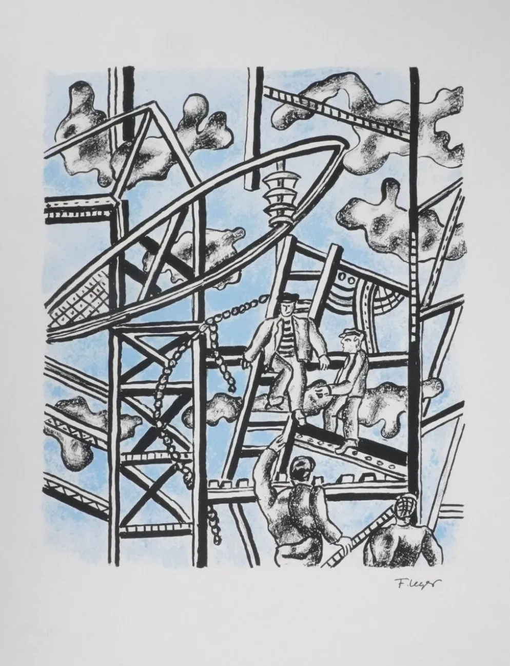 Fernand leger : les constructeurs (bleu), lithographie signée