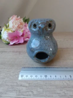 Figurine Chouette en céramique grès bleu, chouette zoomorphe en poterie vintage