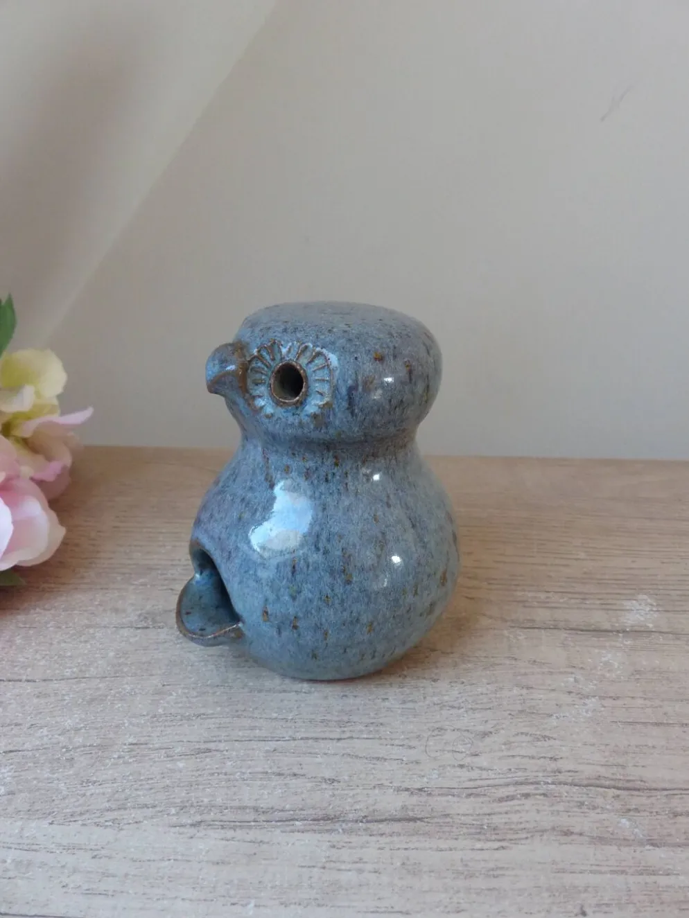 Figurine Chouette en céramique grès bleu, chouette zoomorphe en poterie vintage