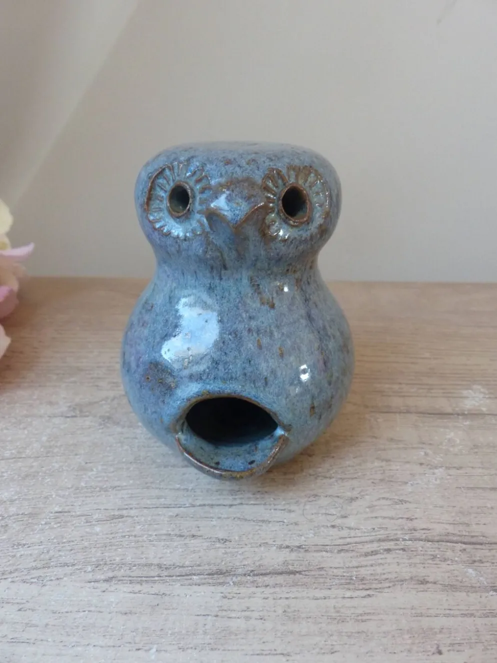 Figurine Chouette en céramique grès bleu, chouette zoomorphe en poterie vintage
