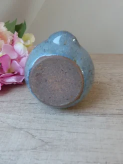 Figurine Chouette en céramique grès bleu, chouette zoomorphe en poterie vintage
