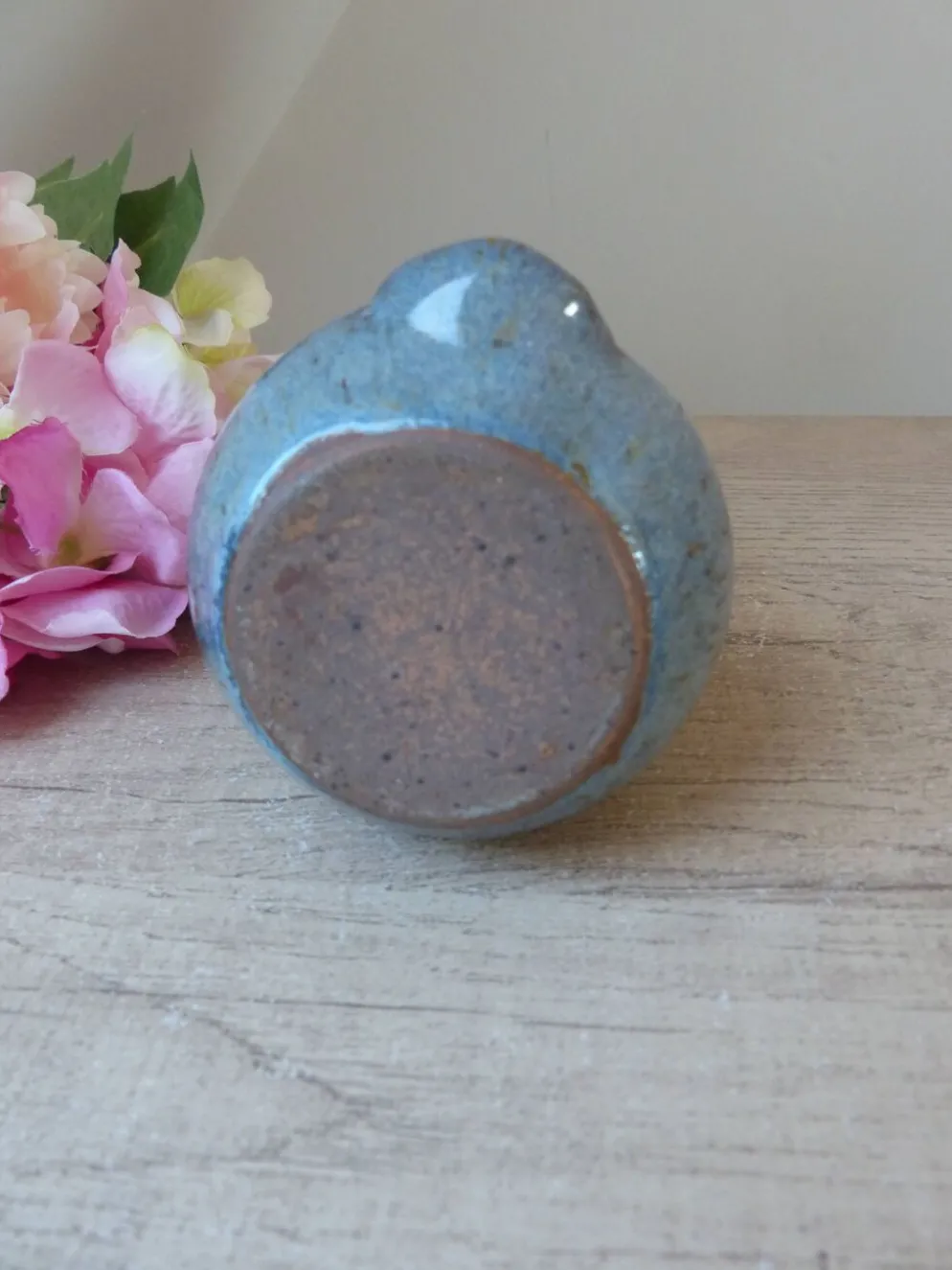 Figurine Chouette en céramique grès bleu, chouette zoomorphe en poterie vintage