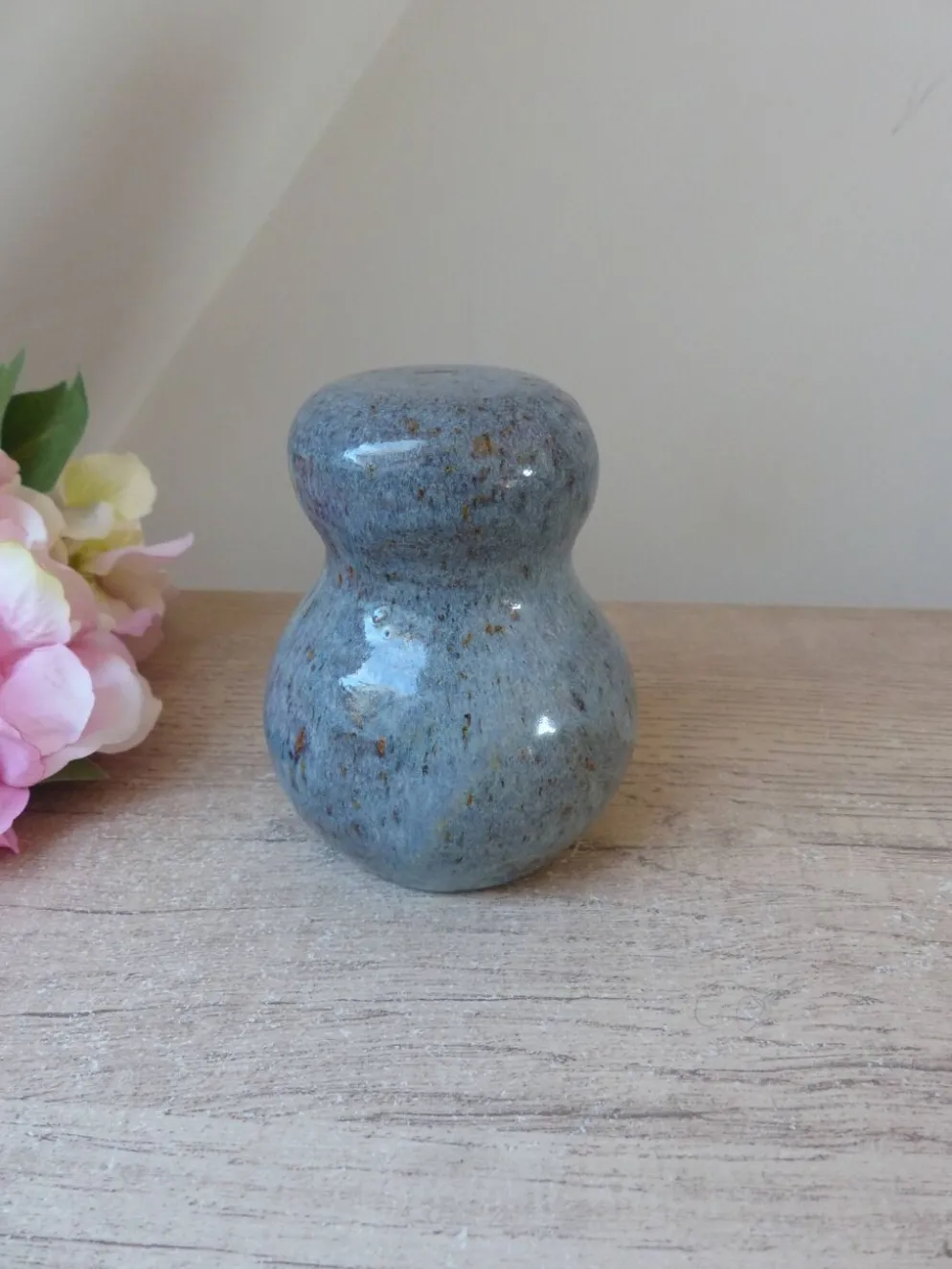 Figurine Chouette en céramique grès bleu, chouette zoomorphe en poterie vintage