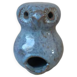 Figurine Chouette en céramique grès bleu, chouette zoomorphe en poterie vintage