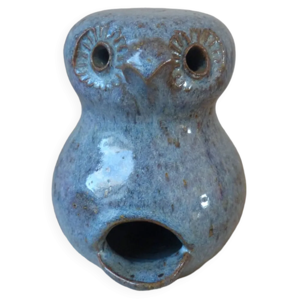 Figurine Chouette en céramique grès bleu, chouette zoomorphe en poterie vintage