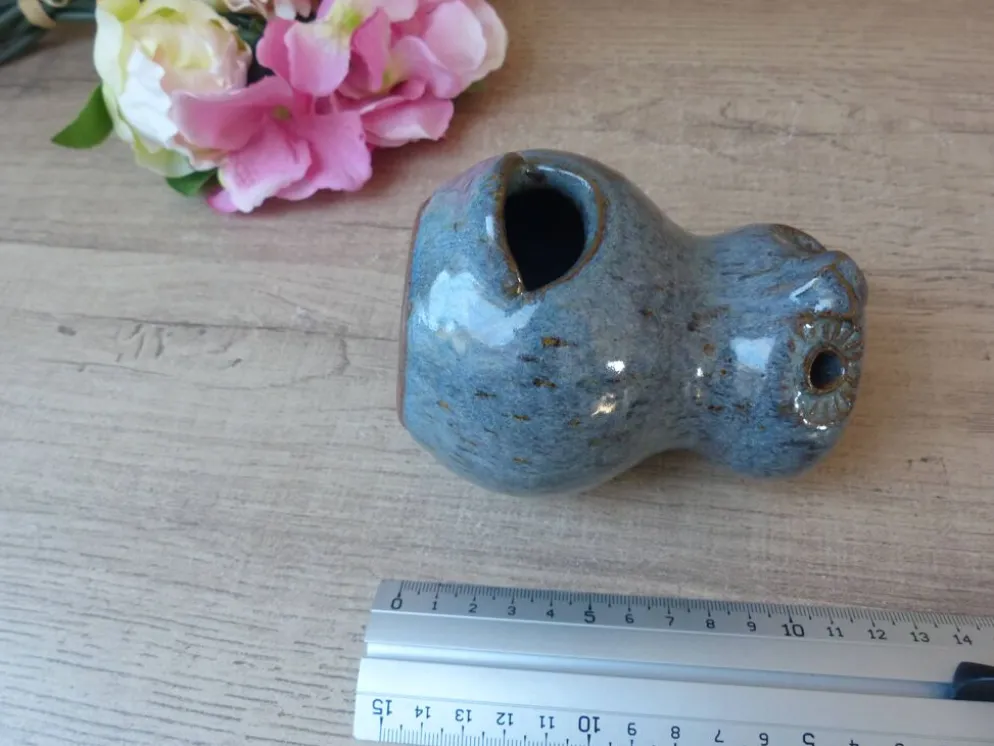 Figurine Chouette en céramique grès bleu, chouette zoomorphe en poterie vintage
