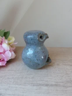 Figurine Chouette en céramique grès bleu, chouette zoomorphe en poterie vintage
