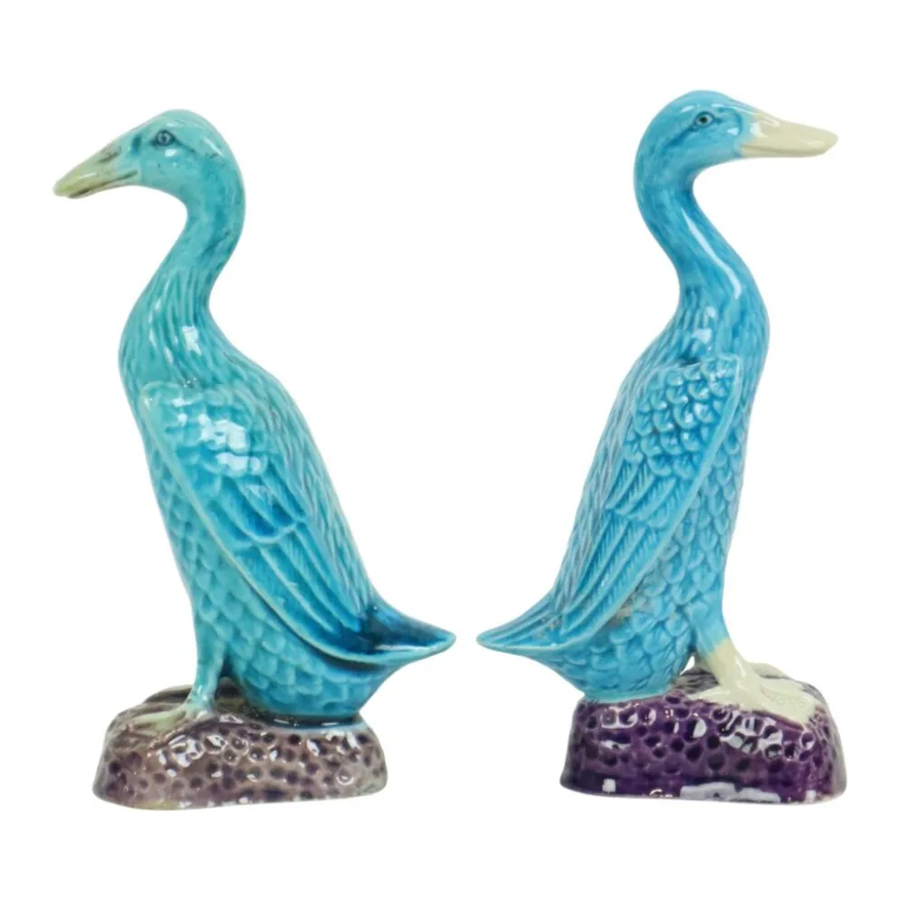 Figurine de canard vintage couple en porcelaine chinoise bleue