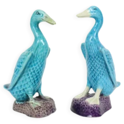 Figurine de canard vintage couple en porcelaine chinoise bleue