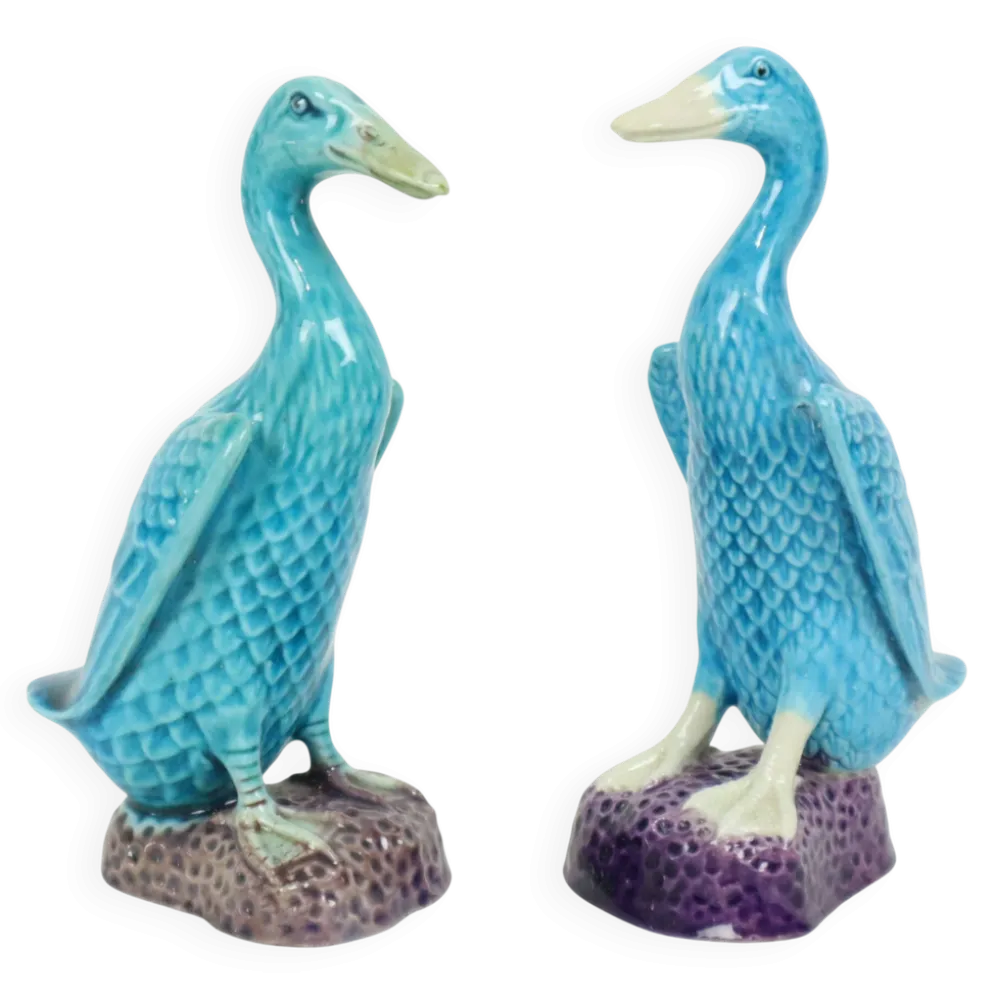 Figurine de canard vintage couple en porcelaine chinoise bleue