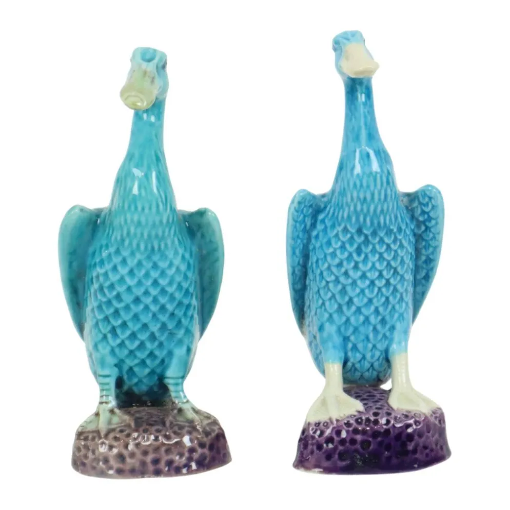 Figurine de canard vintage couple en porcelaine chinoise bleue