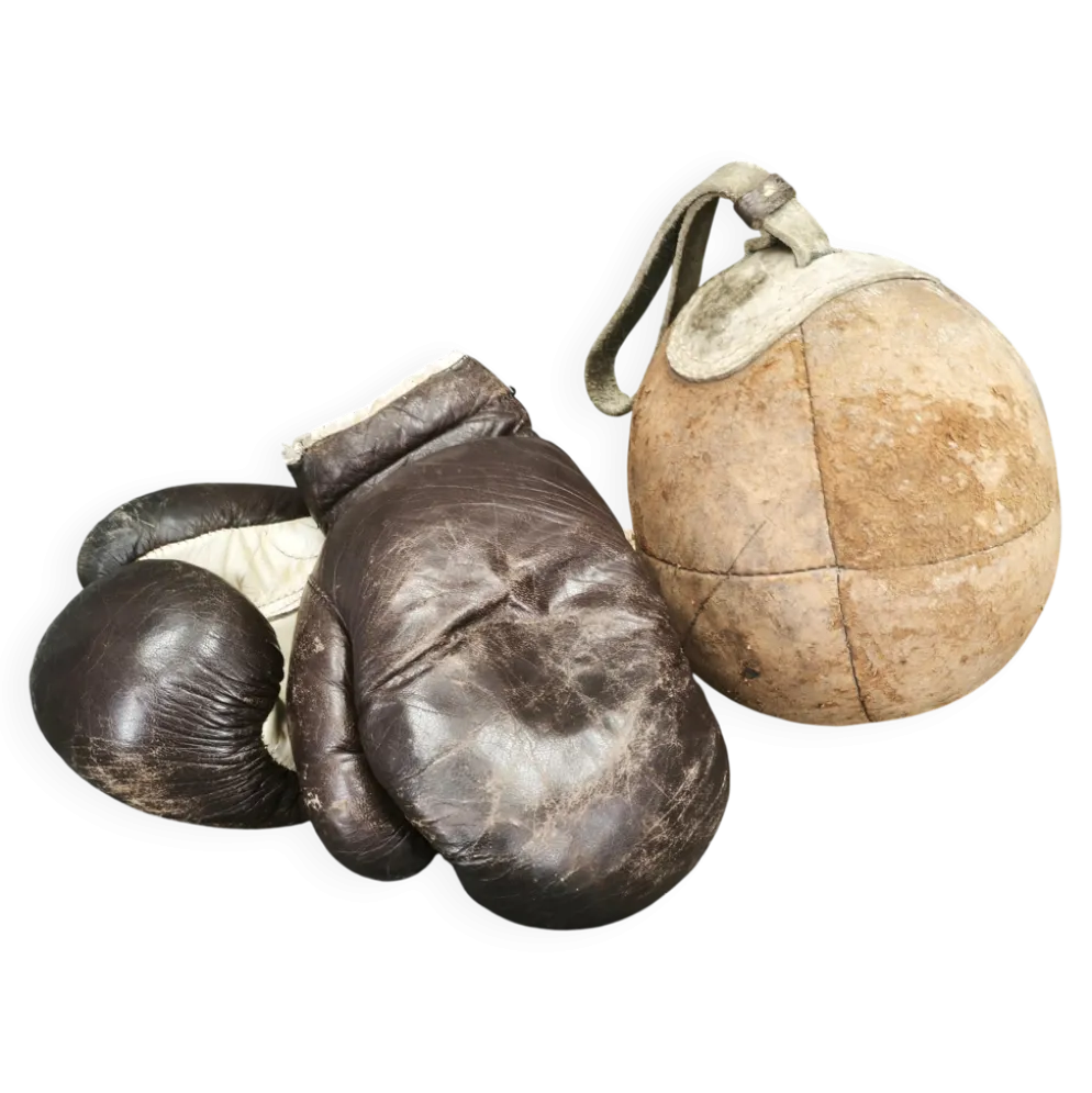 Gants de boxe en cuir et punching ball des années 1940, Tchécoslovaquie