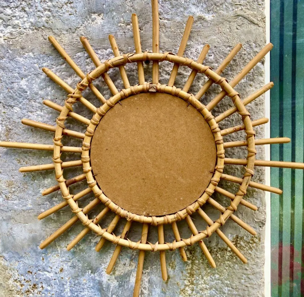 glace miroir soleil Mid-Century en Bambou & Jonc,Vintage -