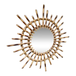 glace miroir soleil Mid-Century en Bambou & Jonc,Vintage -
