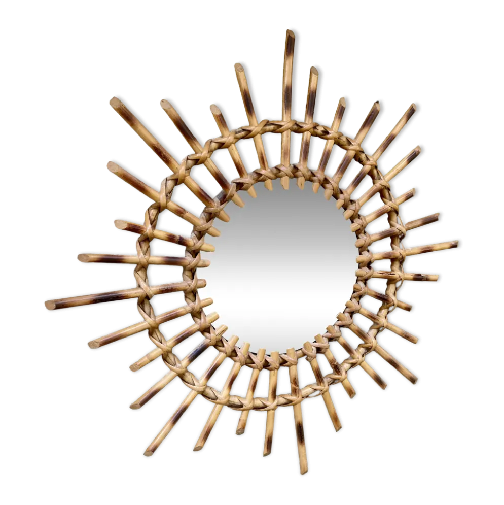glace miroir soleil Mid-Century en Bambou & Jonc,Vintage -
