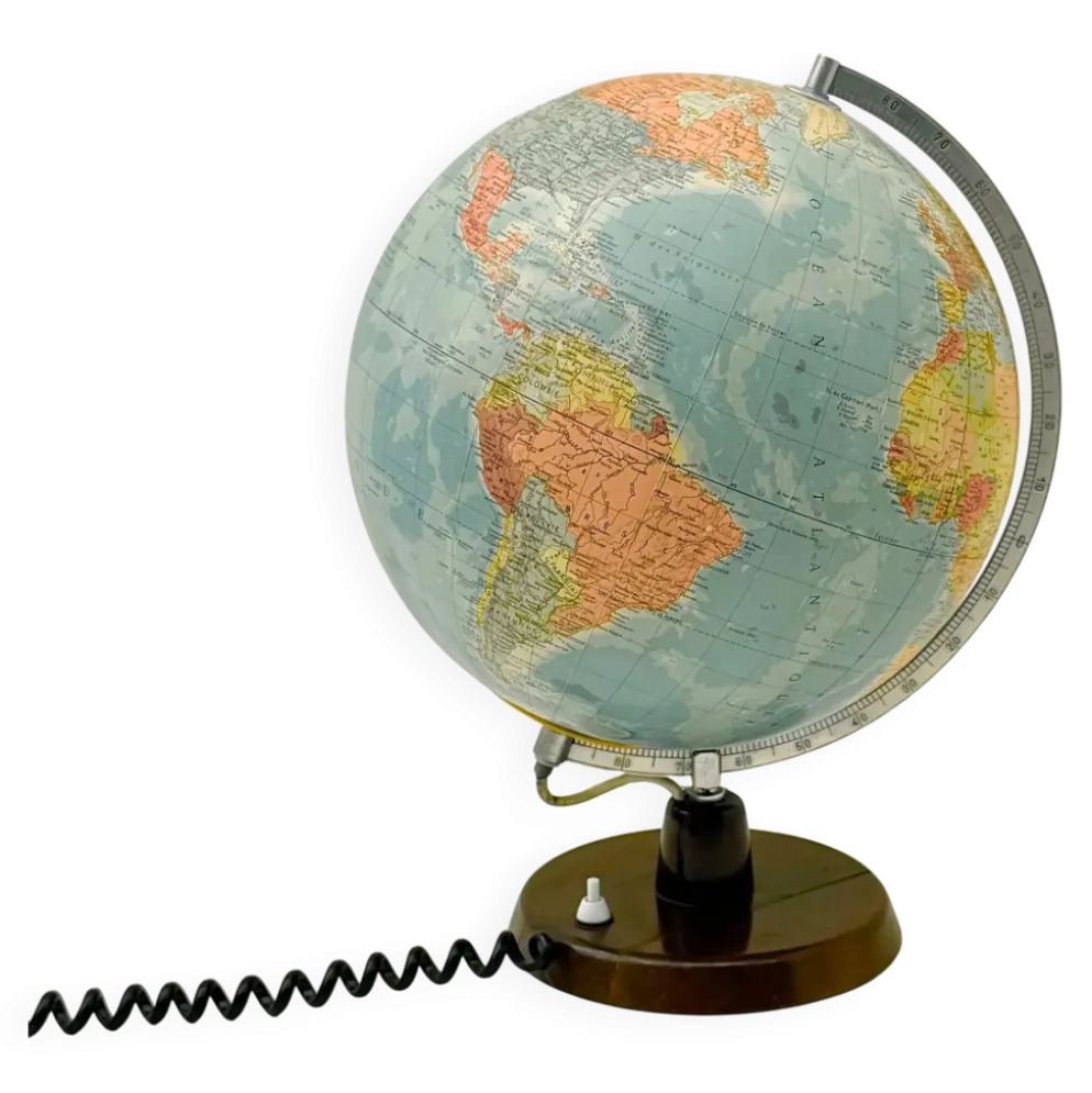 Globe terrestre lumineux de RÄTH en verre, bois et métal, Allemagne 1975