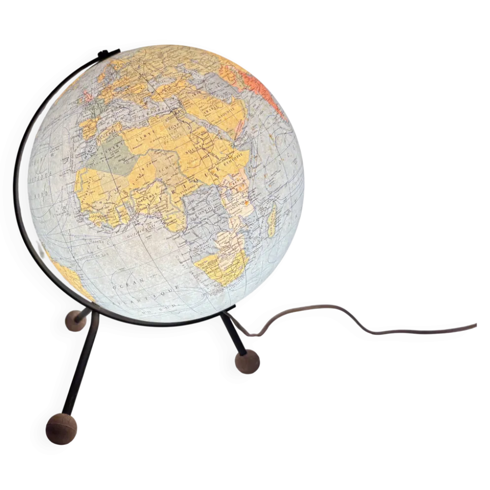 Globe terrestre, mappemonde tripode en verre Taride, 1962