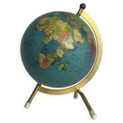 Globe terrestre vintage 1967 mappemonde dorée tripode Taride - 23 cm