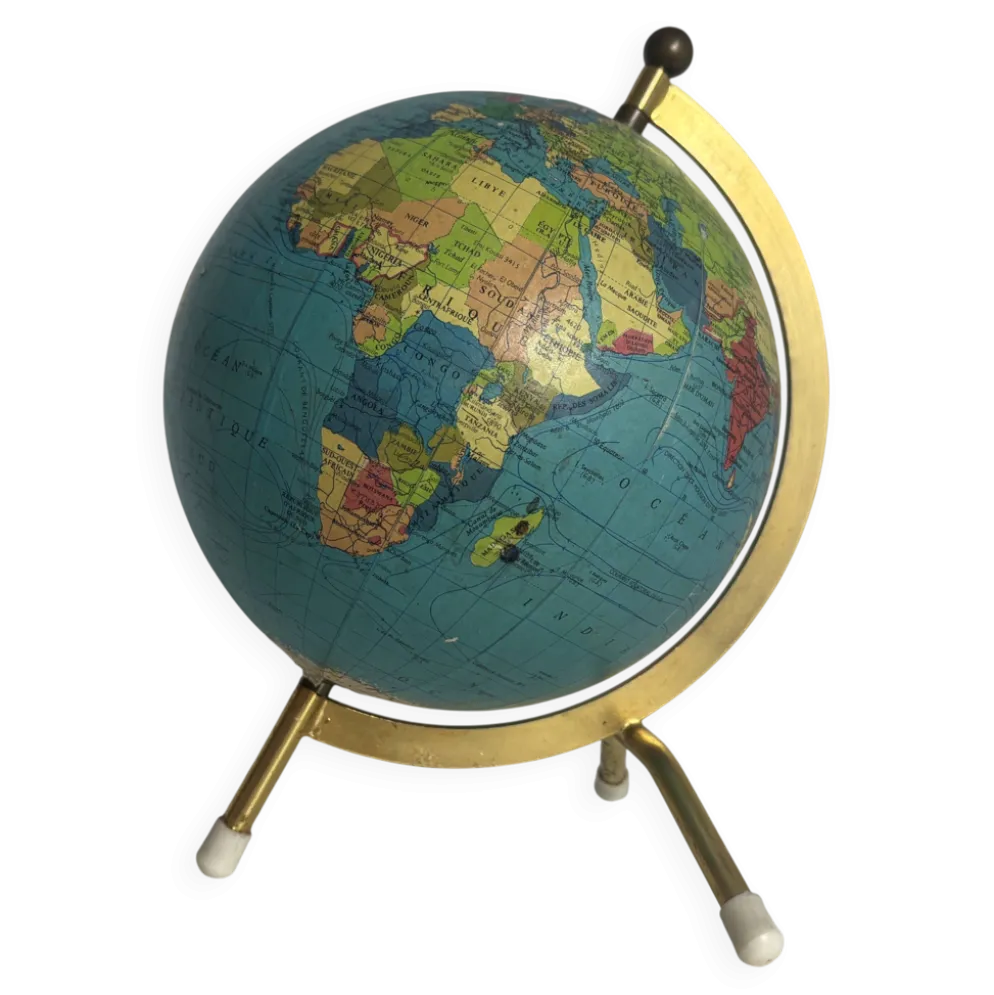 Globe terrestre vintage 1967 mappemonde dorée tripode Taride - 23 cm