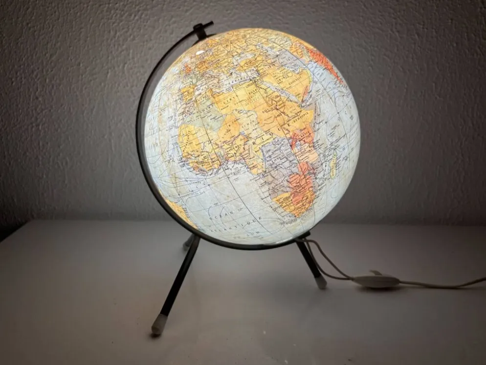 Globe vintage 1962 terrestre mappemonde verre tripode Taride - 28 cm