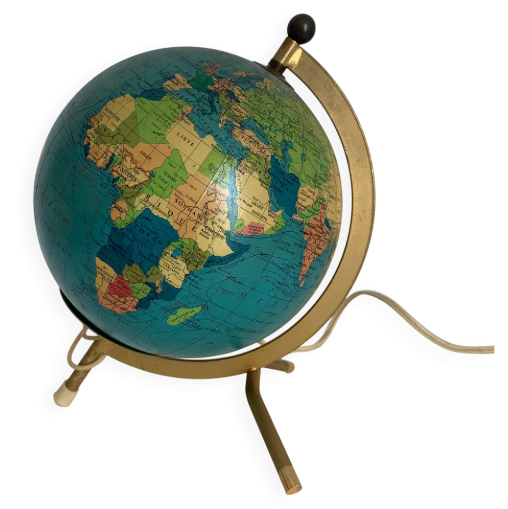 Globe vintage 1967 terrestre Taride tripode doré verre mappemonde - 22 cm