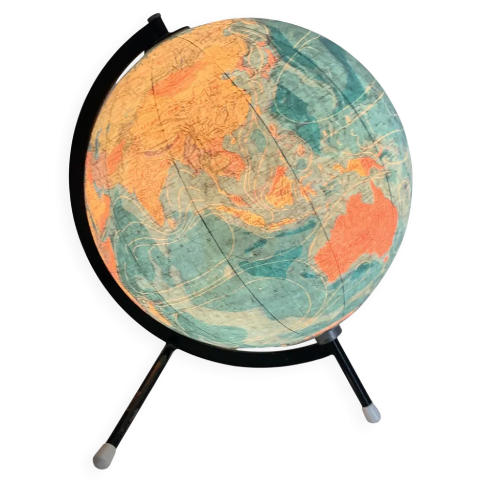 Globe vintage 1975 terrestre tripode verre Taride mappemonde - 28 cm